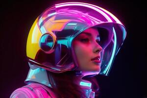 Colorful lighting enhances woman in space helmet photo
