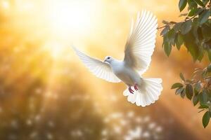 AI generated Peace symbol featuring dove with olive branch photo