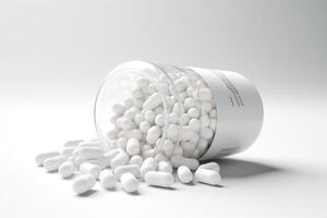 AI generated White pills spilling out of pill bottle. photo