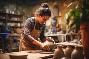 AI generated Female artisan sells handmade ceramic vases. photo