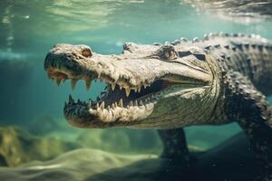 AI generated Closeup of saltwater American crocodile underwater. photo