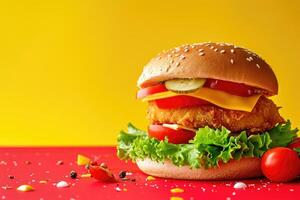 AI generated Delicious fish burger with tomatoes  cheese slices and fresh lettuce on yellow and red background photo