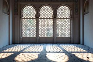 ai generado islámico antecedentes ventana sombra con formación ligero foto