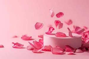 AI generated Luxury pink product presentation with falling rose petals. photo