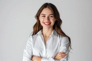 AI generated Confident brunette business woman student with folded arms. photo