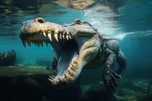 AI generated Saltwater crocodile reveals teeth in Mexico. photo