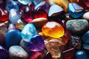 AI generated Chakra Crystals Banner  Colorful healing stones for energy balance. photo