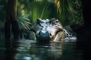 AI generated American crocodile in Cuban mangrove forest. photo