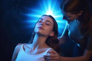 AI generated Reiki practitioner healing teenage girls throat chakra. photo