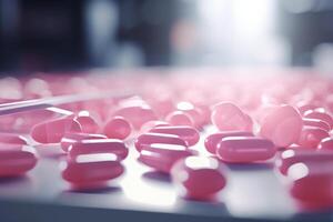 ai generado rosado píldora producción y embalaje en farmacéutico fábrica. foto
