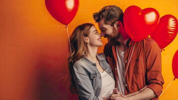 AI generated Happy young couple with heart-shaped balloons, vibrant colors, and joy photo