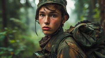 ai generado joven soldado en militar uniforme, sin emociones bosque mirar fijamente foto