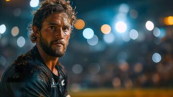 ai generado rugby jugador en acción, lleno cuerpo retrato en estadio foto