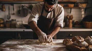 ai generado masculino panadero amasadura Fresco un pan masa a cocina mesa foto