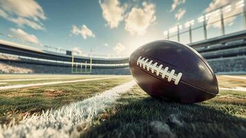 ai generado amplio ángulo vista, americano fútbol americano estadio con pelota en suelo foto