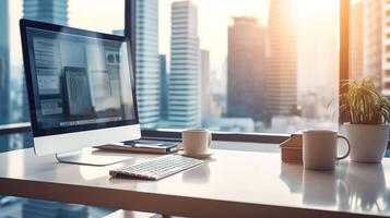 AI generated Modern Workspace, Desktop Computer on a Desk with a View photo