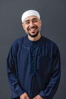 AI generated Smiling Islamic Man in Studio, Cultural Diversity Portrait photo