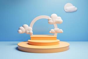 AI generated Kid product presentation on stage with clouds and sun. photo
