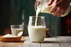 AI generated Fresh milk poured into glass jar on sunny day. photo