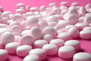 ai generado pila de blanco redondo pastillas en rosado antecedentes. foto