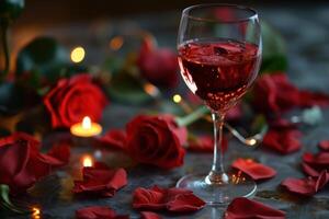 AI generated Valentines wine rose and heartthemed background. photo