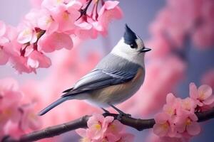 ai generado paro pájaro en medio de rosado Cereza florecer en primavera jardín foto