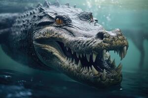 AI generated Closeup of saltwater American crocodile underwater. photo