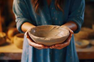 AI generated Female potter prepares ceramic bowl for firing. photo