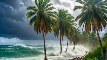 ai generado fuerte viento tropical tormenta palma árboles, Oceano apuntalar foto