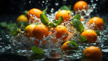 AI generated Fresh ripe oranges, water drops, splash photo