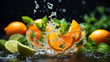 AI generated Fresh ripe oranges, water drops, splash photo