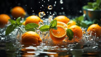 AI generated Fresh ripe oranges, water drops, splash photo