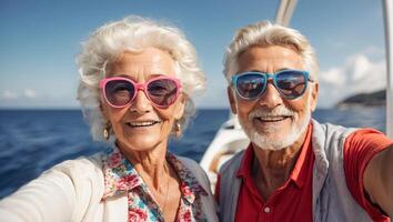 AI generated Portrait of happy elderly people on vacation at sea photo