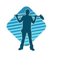 Silhouette of a worker carrying shovel tool. Silhouette of a worker in action pose using shovel tool. vector