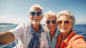 AI generated Portrait of happy elderly people on vacation at sea photo