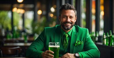 ai generado hombre con vaso de verde cerveza a bar foto