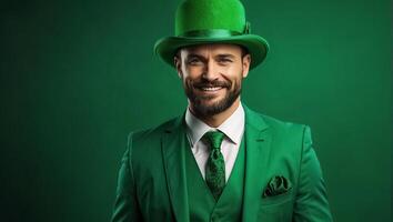 ai generado elegante contento hombre en verde sombrero y verde ropa foto