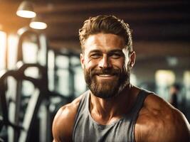 AI generated Handsome brutal man in the gym photo