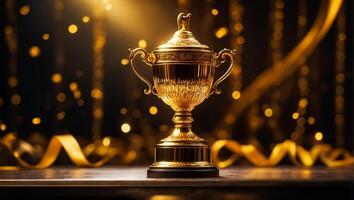 AI generated Golden winner cup on dark background photo