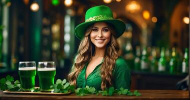 ai generado hermosa niña con un vaso de verde cerveza, vistiendo un sombrero con trébol hojas antecedentes foto