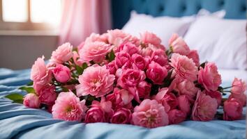 ai generado hermosa ramo de flores de flores en el cama foto