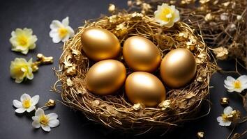 ai generado hermosa dorado Pascua de Resurrección huevos en un antiguo oscuro antecedentes foto