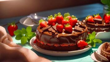 Delicious chocolate cake with strawberries photo