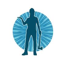 Silhouette of a worker in action pose using his axe tool. vector