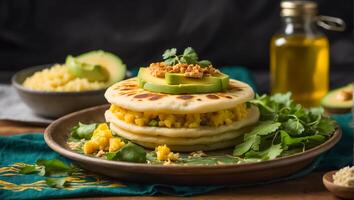 AI generated Delicious arepas, avocados in the kitchen photo