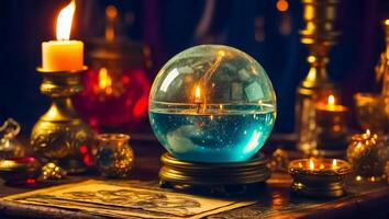 AI generated Magic ball, candles background photo