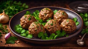 AI generated Delicious appetizing meatballs on the table photo