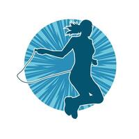 Silhouette of a slim sporty woman doing jump rope workout. vector