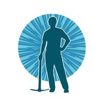 Silhouette of a man in worker costume carrying pick axe tool in action pose. Silhouette of a miner in action pose with pick axe tool. vector