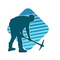 Silhouette of a man in worker costume carrying pick axe tool in action pose. Silhouette of a miner in action pose with pick axe tool. vector